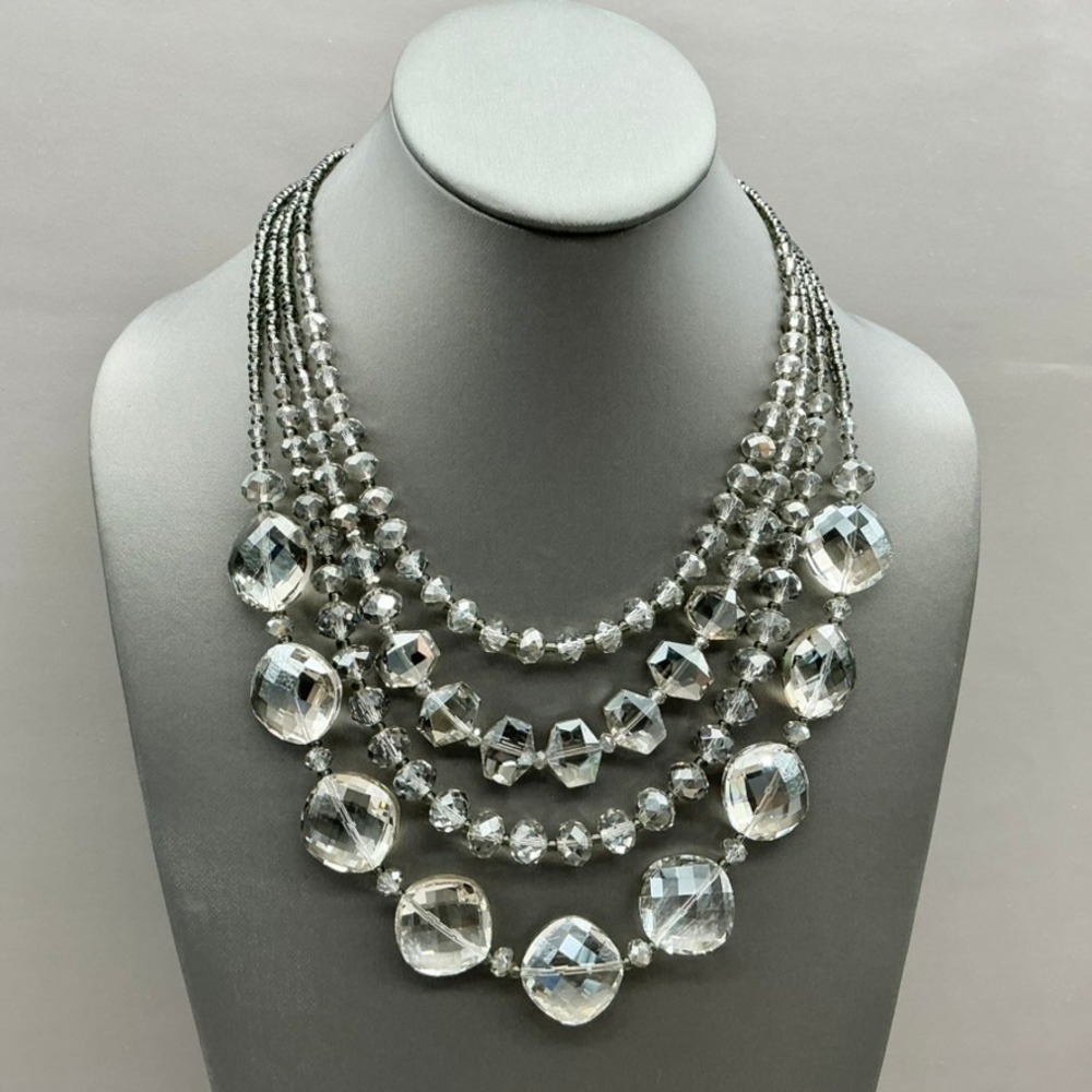 LOFT Necklace Women Gray Multi Strand Beaded Statement Faceted Crystal Jewelry